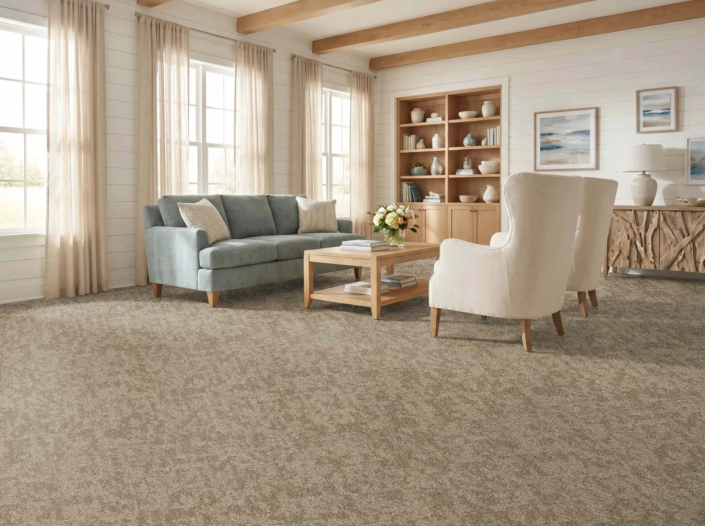 CCT Seaside & Surf carpet in a coastal farmhouse living room with shiplap walls
