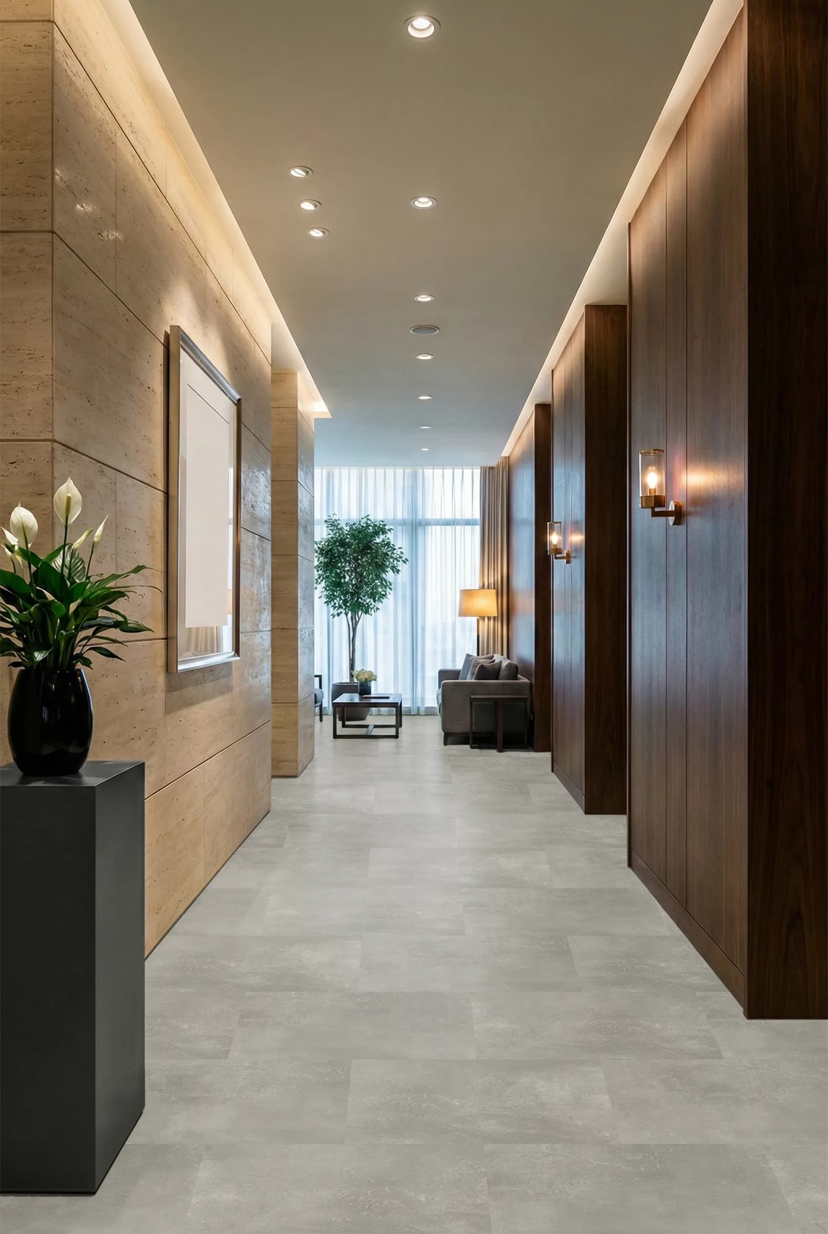 HRK Titanium flooring in an upscale corridor with travertine and walnut paneling