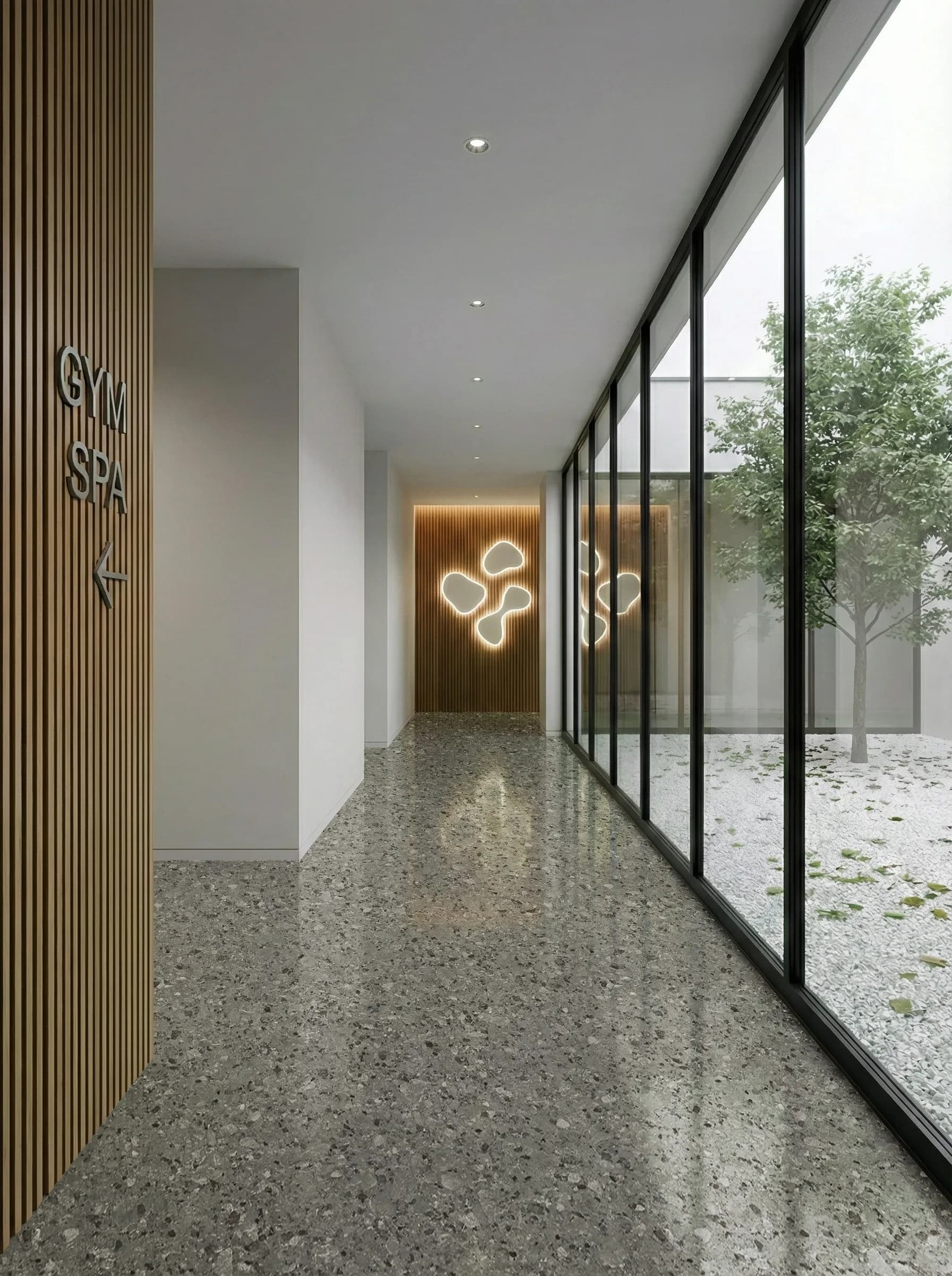 HRQ flooring in a gym/spa corridor with floor-to-ceiling glazing