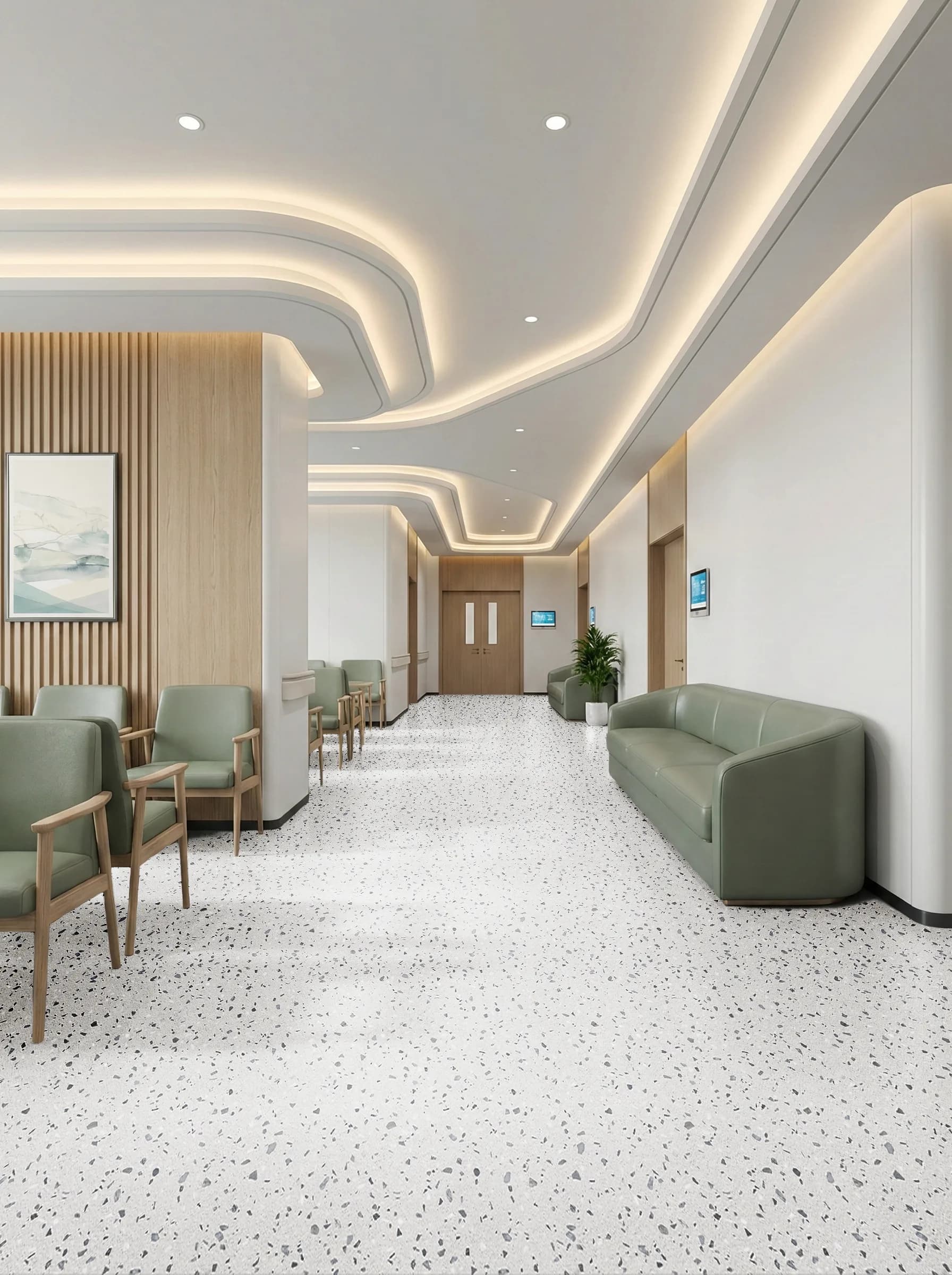 HRT terrazzo flooring in a hospital waiting area with sage-green seating